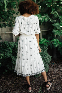 Embroidered Peasant Midi Dress in Ivory