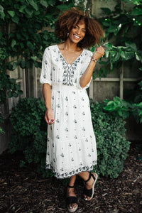 Embroidered Peasant Midi Dress in Ivory