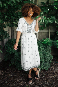 Embroidered Peasant Midi Dress in Ivory