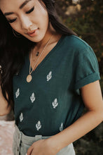 Load image into Gallery viewer, Embroidered Leaf Print Tee in Hunter Green
